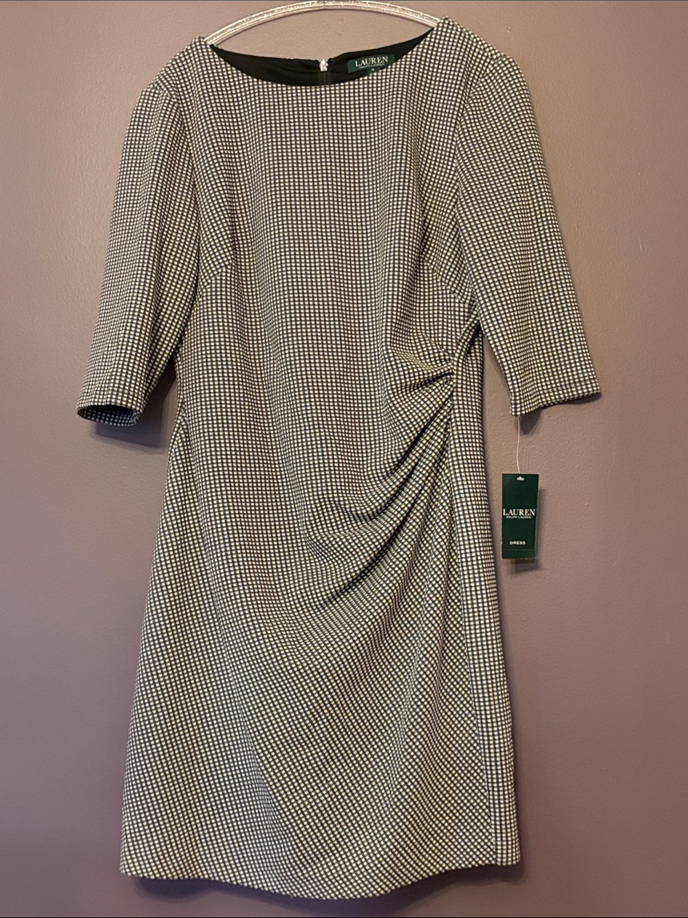 Lauren Ralph Lauren Black and White Houndstooth Ruched Sheath Dress Size 16 NWT